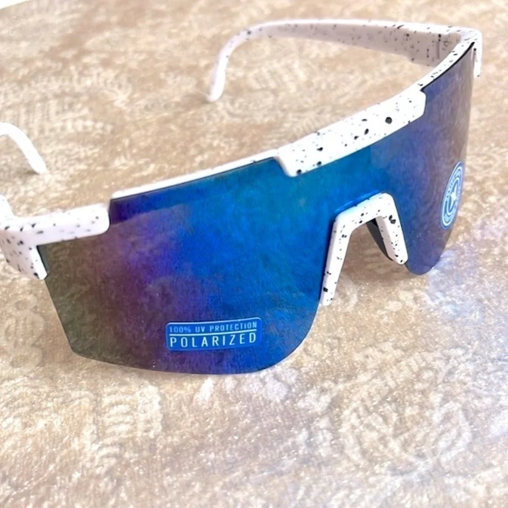 Brand New Hurley Polarized Sunglasses White Semi-Rim Wrap Shield Blue Mirrored